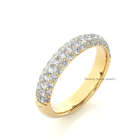 14K Gold Pave Set Moissanite Wide Ring, Three Rows Stacking Ring
