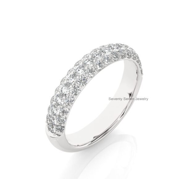 14K Gold Pave Set Moissanite Wide Ring, Three Rows Stacking Ring - Image 8