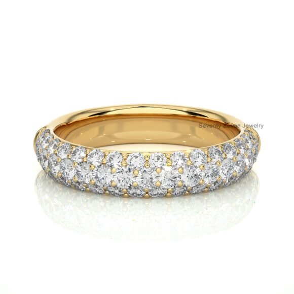 14K Gold Pave Set Moissanite Wide Ring, Three Rows Stacking Ring - Image 2
