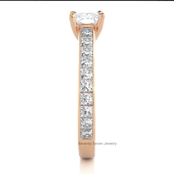 9K/14K Gold Moissanite Wedding Ring, Pave Set Side-Stone Moissanite Ring - Image 6