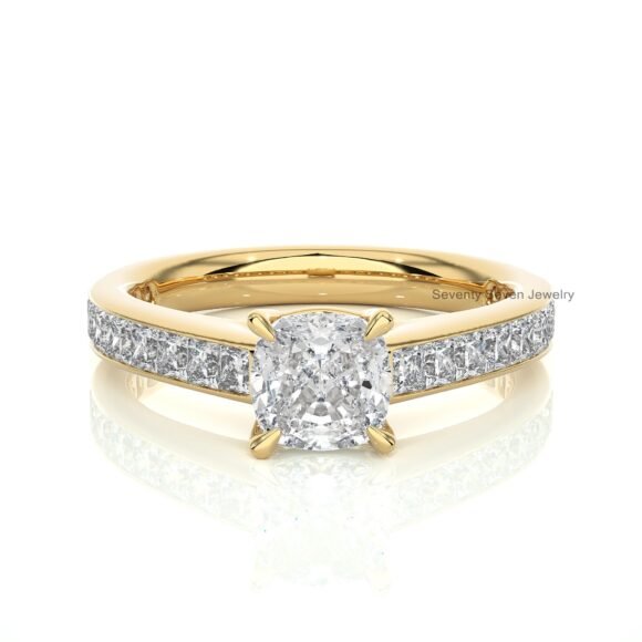 9K/14K Gold Moissanite Wedding Ring, Pave Set Side-Stone Moissanite Ring - Image 2
