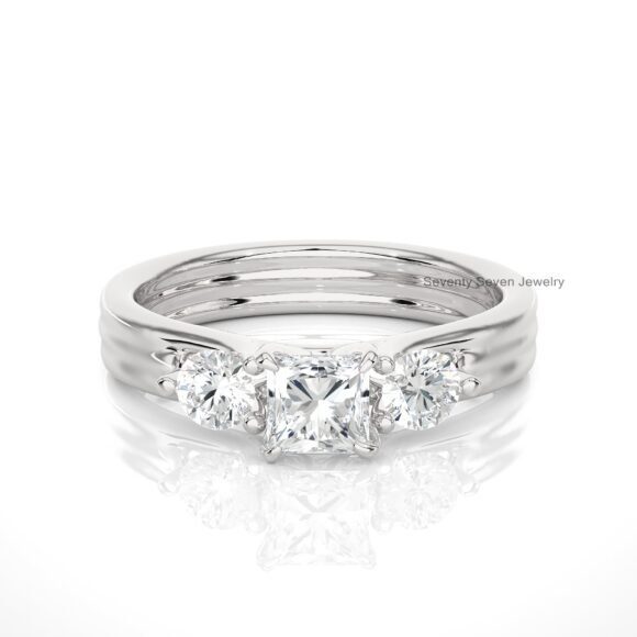 14K Gold Moissanite Three Stone Band Ring, Triple Stone Thick Ring - Image 9
