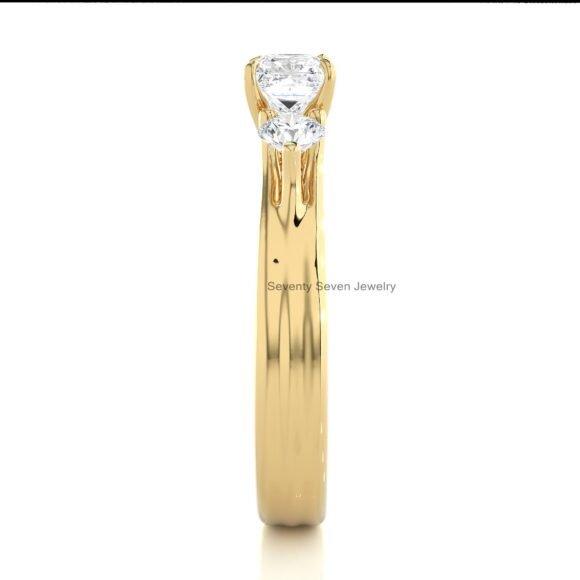 14K Gold Moissanite Three Stone Band Ring, Triple Stone Thick Ring - Image 4