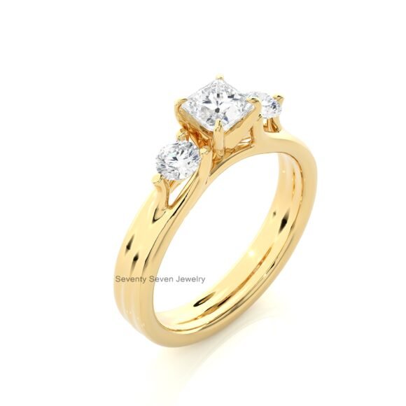 14K Gold Moissanite Three Stone Band Ring, Triple Stone Thick Ring
