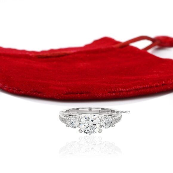 14K Gold Triple Stone Wedding Ring, Moissanite Engagement Ring 9K - Image 9