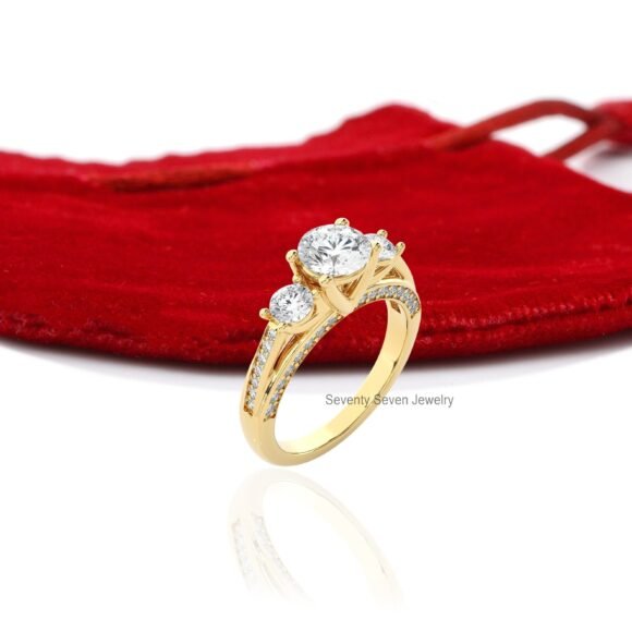 14K Gold Triple Stone Wedding Ring, Moissanite Engagement Ring 9K