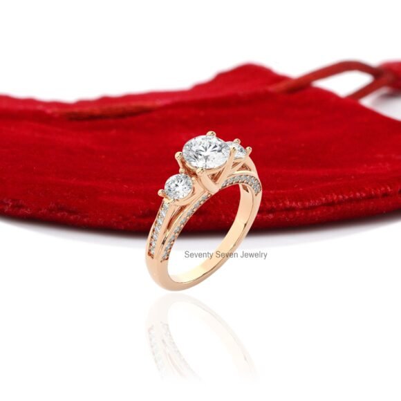 14K Gold Triple Stone Wedding Ring, Moissanite Engagement Ring 9K - Image 5