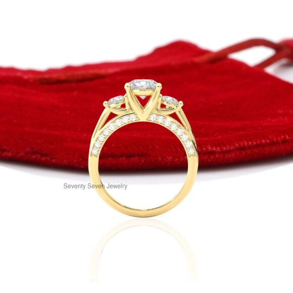 14K Gold Triple Stone Wedding Ring, Moissanite Engagement Ring 9K - Image 3