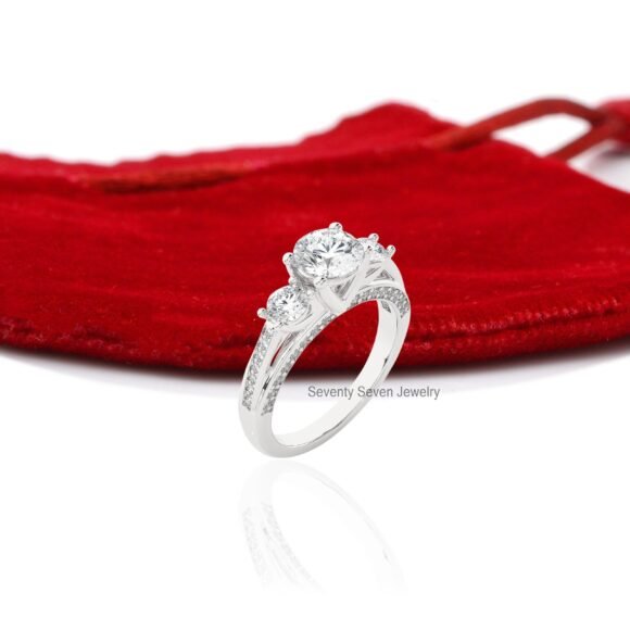 14K Gold Triple Stone Wedding Ring, Moissanite Engagement Ring 9K - Image 8