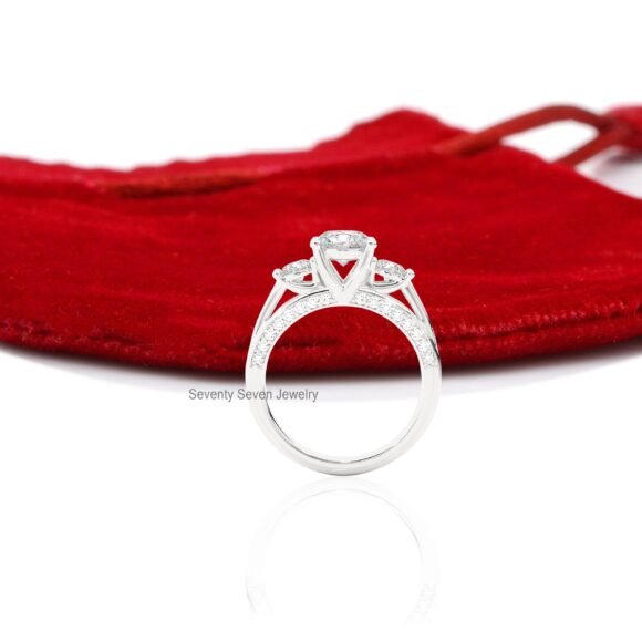 14K Gold Triple Stone Wedding Ring, Moissanite Engagement Ring 9K - Image 10