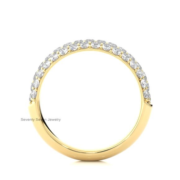 14K Gold Pave Set Moissanite Wide Ring, Three Rows Stacking Ring - Image 3
