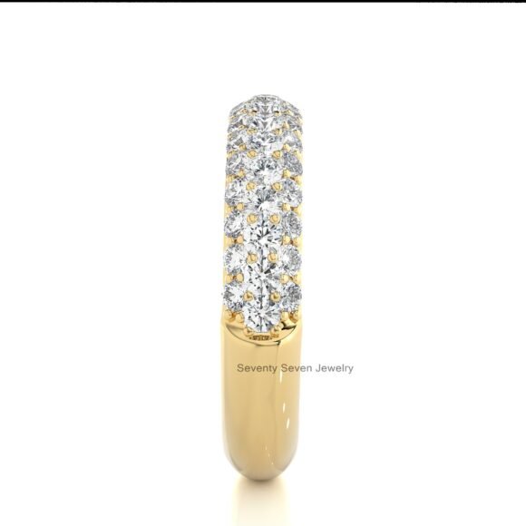 14K Gold Pave Set Moissanite Wide Ring, Three Rows Stacking Ring - Image 4