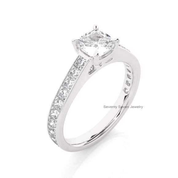 9K/14K Gold Moissanite Wedding Ring, Pave Set Side-Stone Moissanite Ring - Image 8