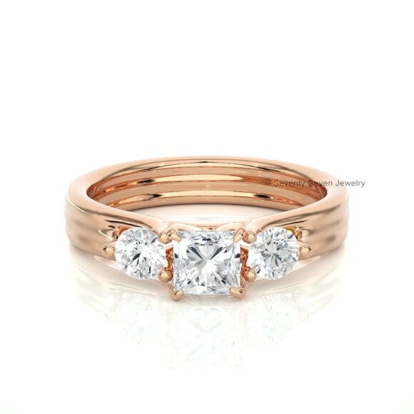 14K Gold Moissanite Three Stone Band Ring, Triple Stone Thick Ring - Image 7