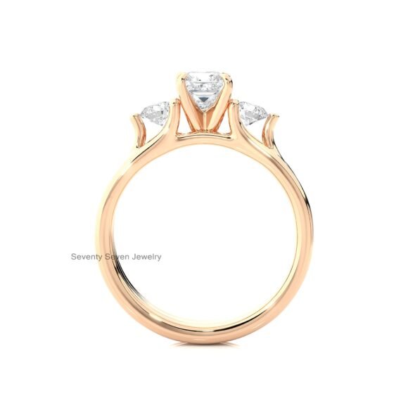 14K Gold Moissanite Three Stone Band Ring, Triple Stone Thick Ring - Image 6