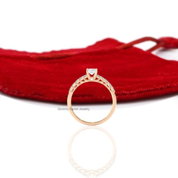9K/14K Solid Gold Moissanite Engagement Ring, Pave Set Side Stone Ring - Image 9