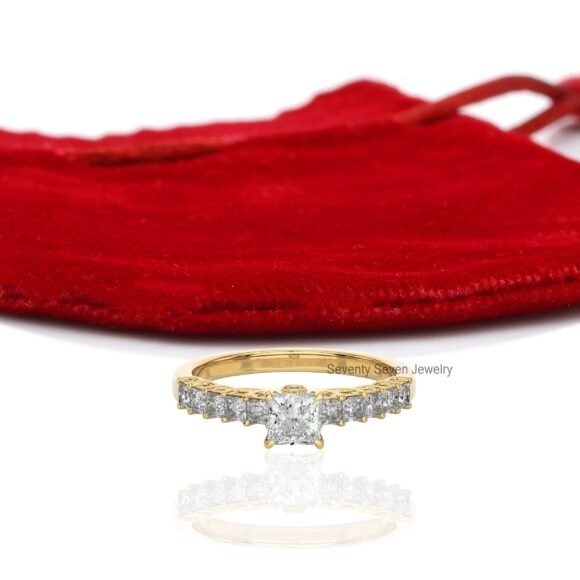 9K/14K Solid Gold Moissanite Engagement Ring, Pave Set Side Stone Ring - Image 2