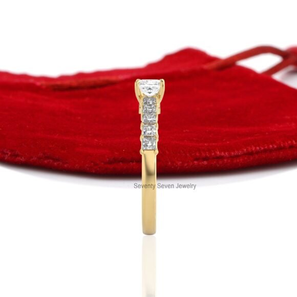 9K/14K Solid Gold Moissanite Engagement Ring, Pave Set Side Stone Ring - Image 3