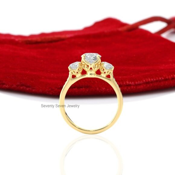 14K Gold Triple Stone Engagement Ring, Moissanite Stone Ring 9K - Image 3