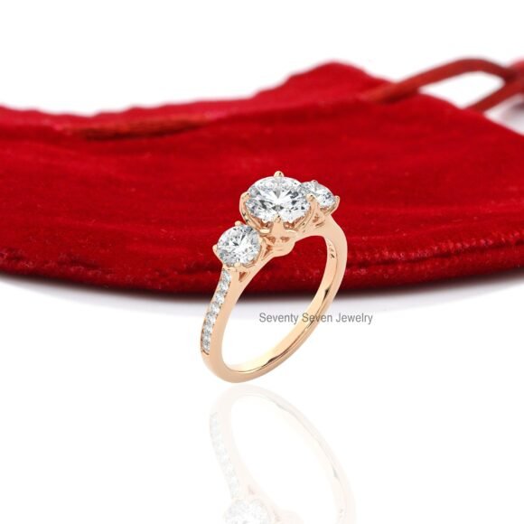 14K Gold Triple Stone Engagement Ring, Moissanite Stone Ring 9K - Image 5