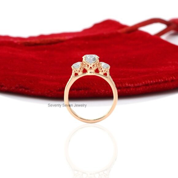 14K Gold Triple Stone Engagement Ring, Moissanite Stone Ring 9K - Image 6