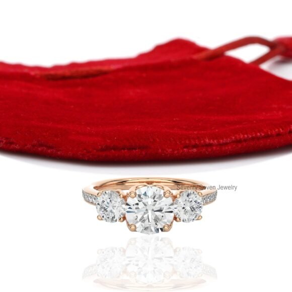 14K Gold Triple Stone Engagement Ring, Moissanite Stone Ring 9K - Image 7