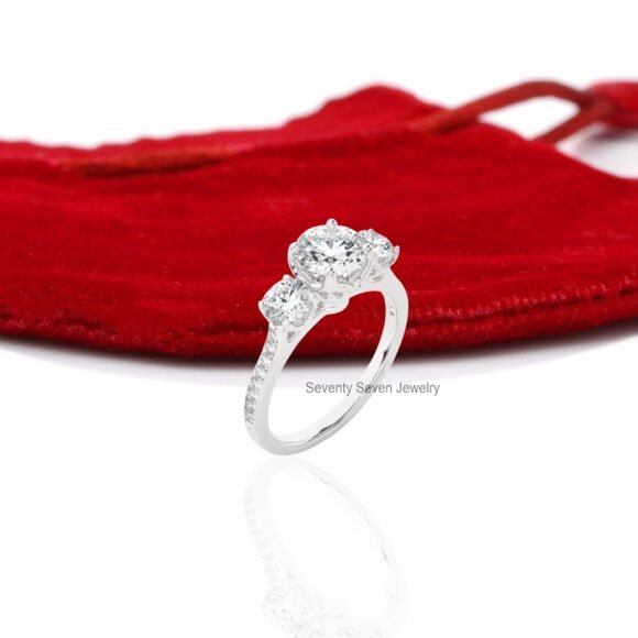 14K Gold Triple Stone Engagement Ring, Moissanite Stone Ring 9K - Image 8