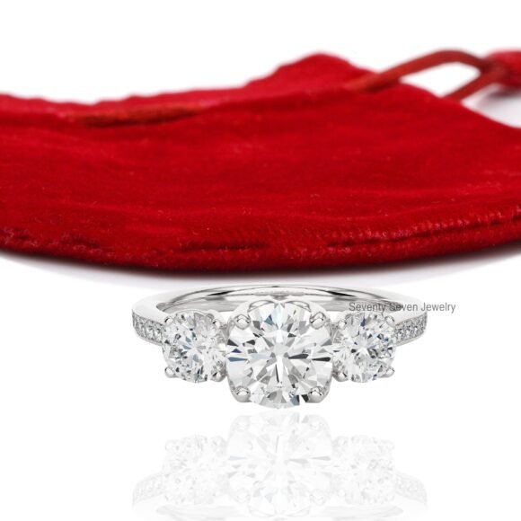 14K Gold Triple Stone Engagement Ring, Moissanite Stone Ring 9K - Image 9