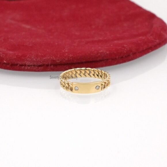 Diamond Curb Link Ring 14K Gold, Cuban Link Engagement Ring - Image 5