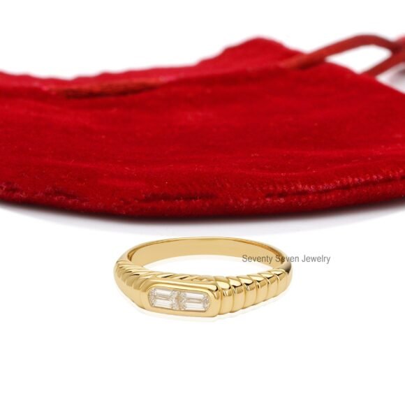 Solid 14K Gold Baguette Shank Ring, Fluted Baguette Ring