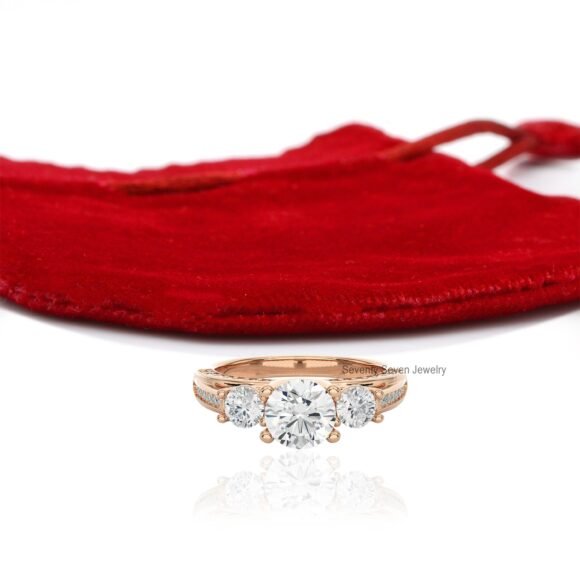 14K Gold Triple Stone Wedding Ring, Moissanite Engagement Ring 9K - Image 6