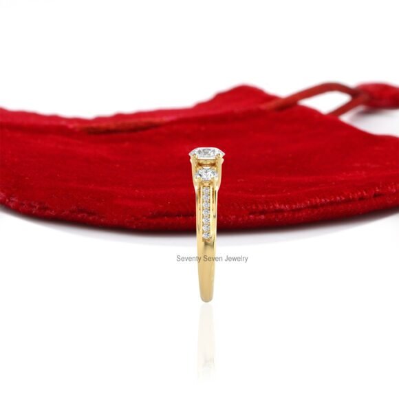 14K Gold Triple Stone Wedding Ring, Moissanite Engagement Ring 9K - Image 4