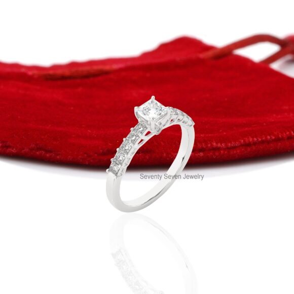 9K/14K Solid Gold Moissanite Engagement Ring, Pave Set Side Stone Ring - Image 4