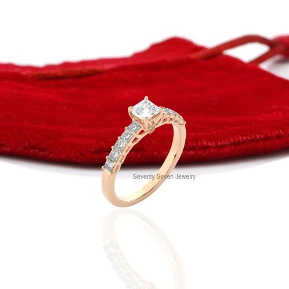 9K/14K Solid Gold Moissanite Engagement Ring, Pave Set Side Stone Ring - Image 7