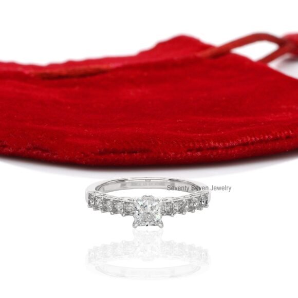 9K/14K Solid Gold Moissanite Engagement Ring, Pave Set Side Stone Ring - Image 5