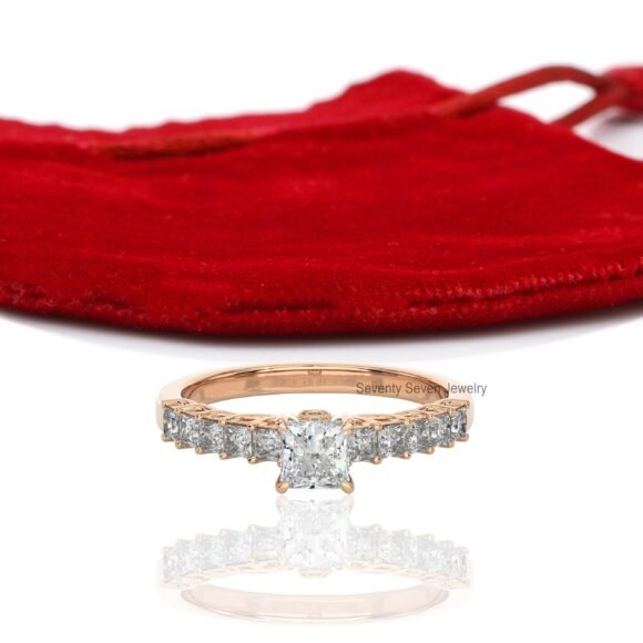 9K/14K Solid Gold Moissanite Engagement Ring, Pave Set Side Stone Ring - Image 8