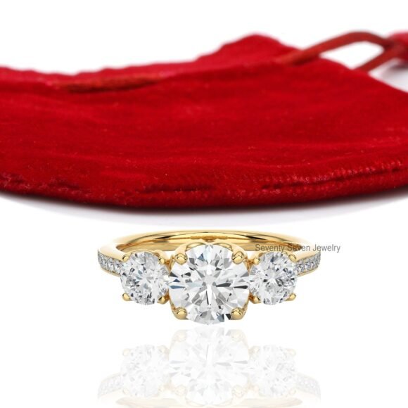 14K Gold Triple Stone Engagement Ring, Moissanite Stone Ring 9K - Image 2