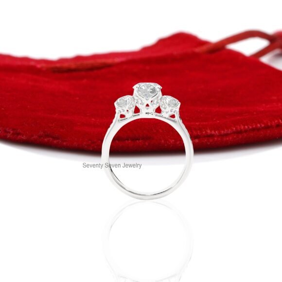 14K Gold Triple Stone Engagement Ring, Moissanite Stone Ring 9K - Image 10