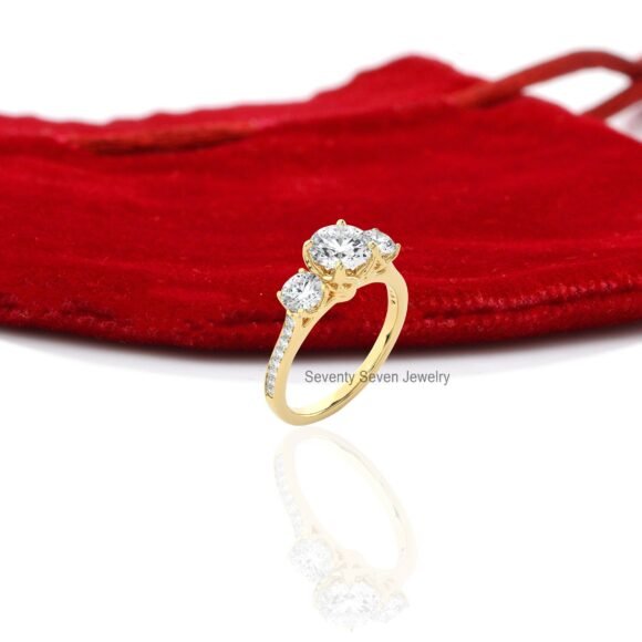 14K Gold Triple Stone Engagement Ring, Moissanite Stone Ring 9K