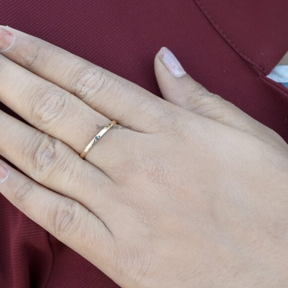 9K Gold Diamond Band Ring, Single Stone Band Ring, Tiny Black Diamond Ring