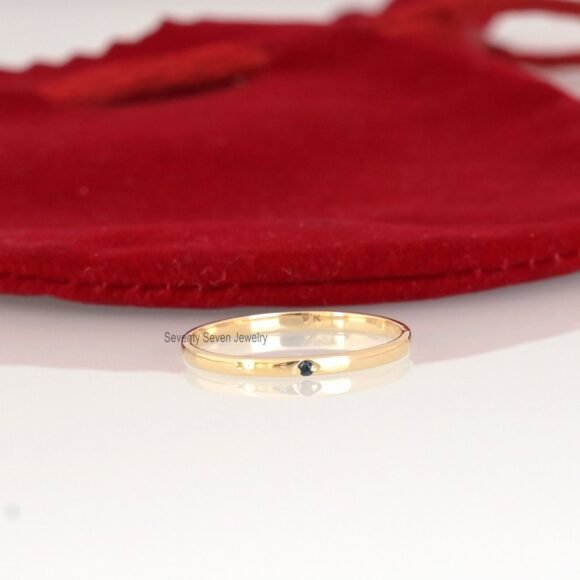 9K Gold Diamond Band Ring, Single Stone Band Ring, Tiny Black Diamond Ring - Image 2