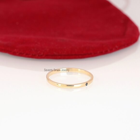 9K Gold Diamond Band Ring, Single Stone Band Ring, Tiny Black Diamond Ring - Image 5