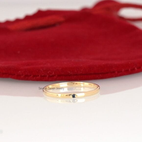 14K Gold Black Diamond Band Ring, 14K Stackable Black Diamond Thin Ring - Image 2