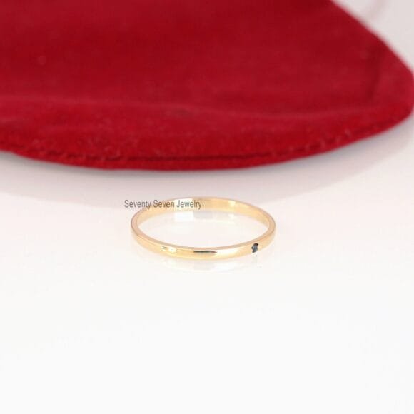 14K Gold Black Diamond Band Ring, 14K Stackable Black Diamond Thin Ring - Image 4