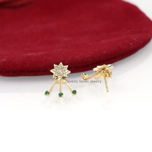 9K Gold Diamond Jackets Earrings, Gold Star Minimalist Earrings - Image 3