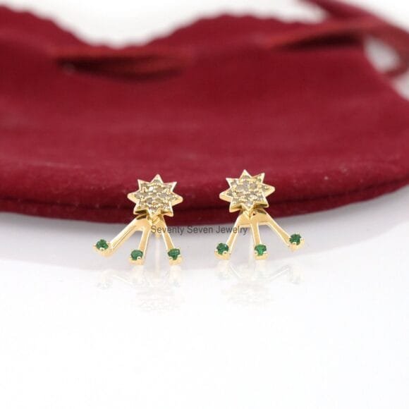 9K Gold Diamond Jackets Earrings, Gold Star Minimalist Earrings - Image 2