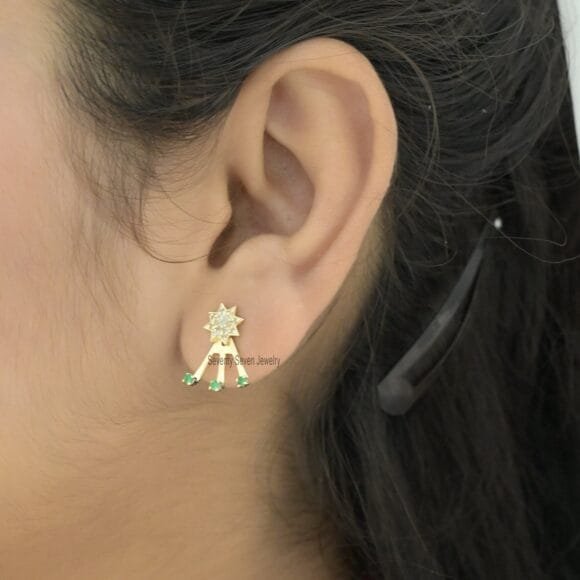 9K Gold Diamond Jackets Earrings, Gold Star Minimalist Earrings