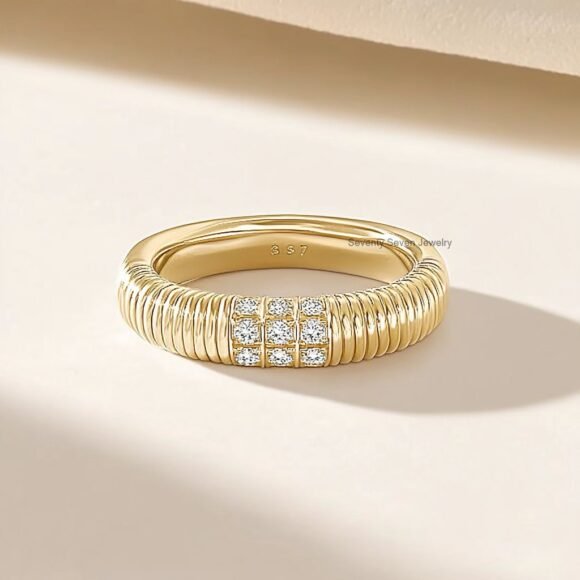 14K Gold Plated Fluted Band Ring, Line Pave Dome Ring