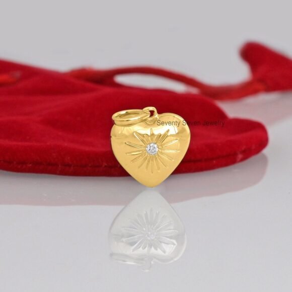 Solid 14K Gold Moissanite Heart Pendant, Heart Sunburst Pendant