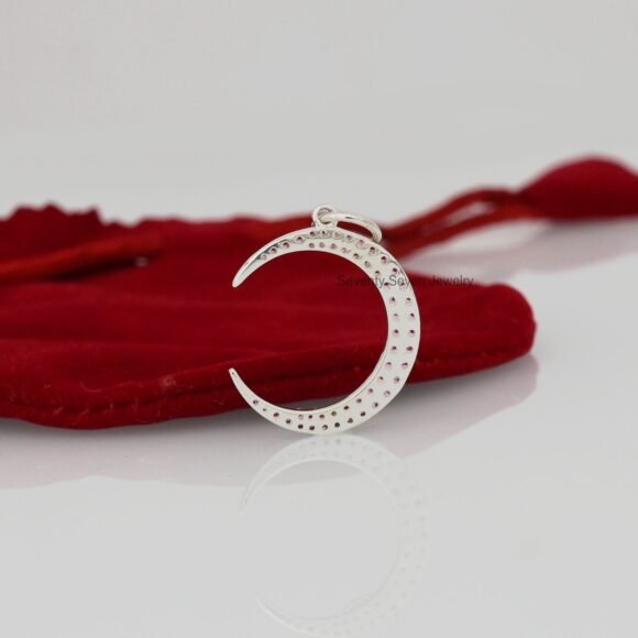 925 Silver Ruby Moon Pendant, Diamond Crescent Pendant - Image 6